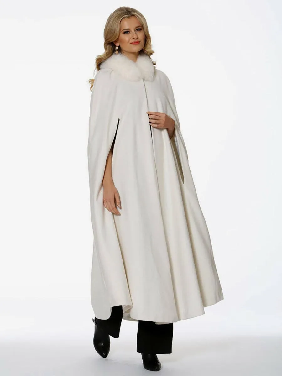 Ivory Faux Fur Hooded Poncho Cape Women Oversized Full Length Outerwear.