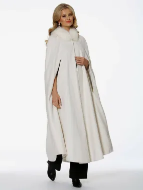 Ivory Faux Fur Hooded Poncho Cape Women Oversized Full Length Outerwear.