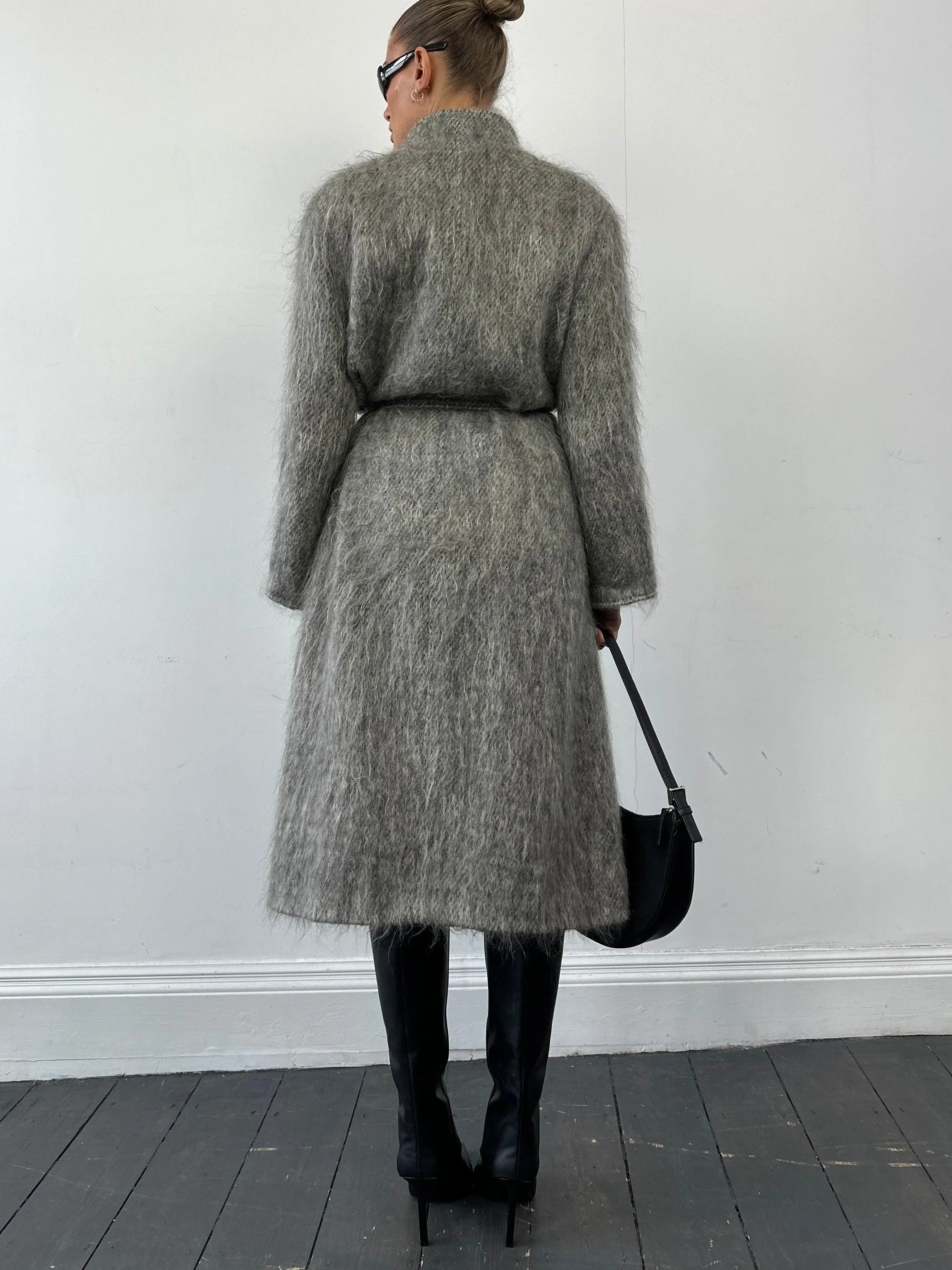 Jaeger Fuzzy Mohair Wool Belted Coat Size L