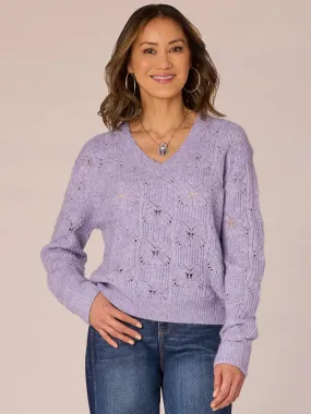 Kellwood Petites Lavender Jewel Scalloped V-Neck Sweater with Long Sleeves