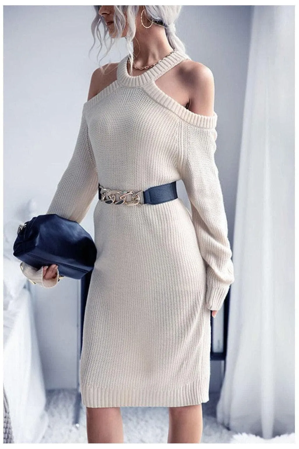 Knit Sweater Dress with Cold Shoulder