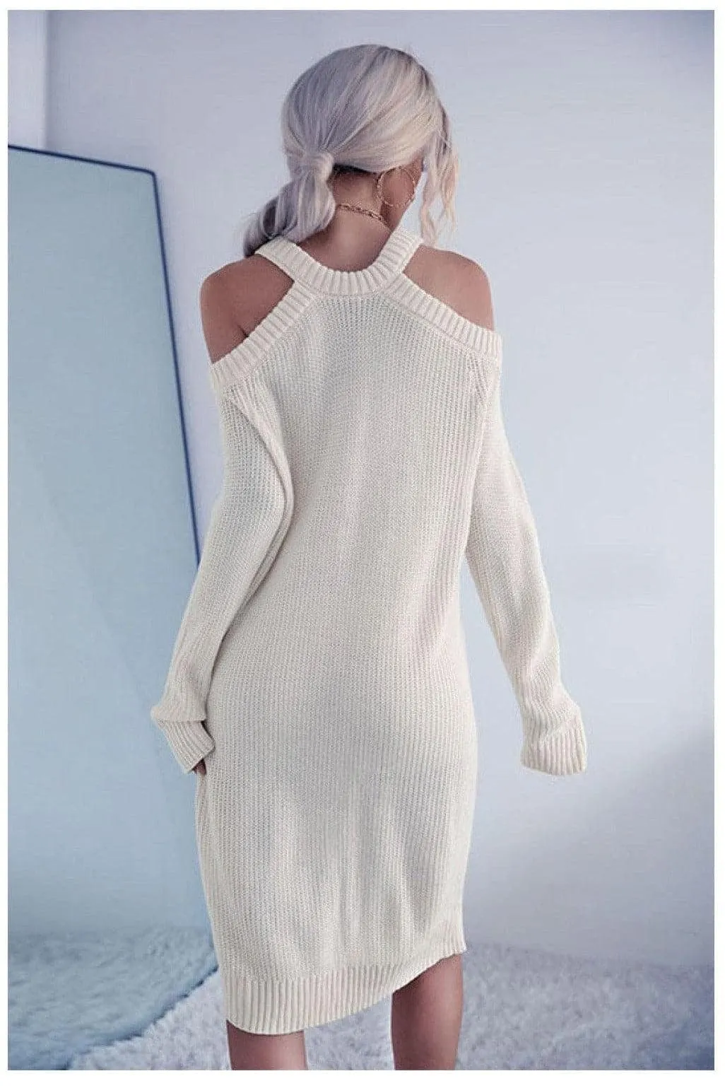 Knit Sweater Dress with Cold Shoulder