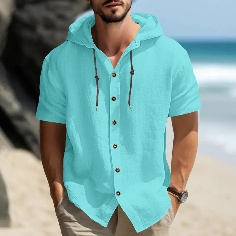 Men's Solid Loose Hooded Single Breasted Short Sleeve Shirt 61765539Z