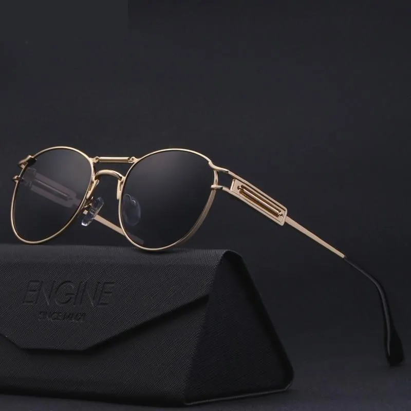 Men's Steampunk Style Round Sunglasses with Bag