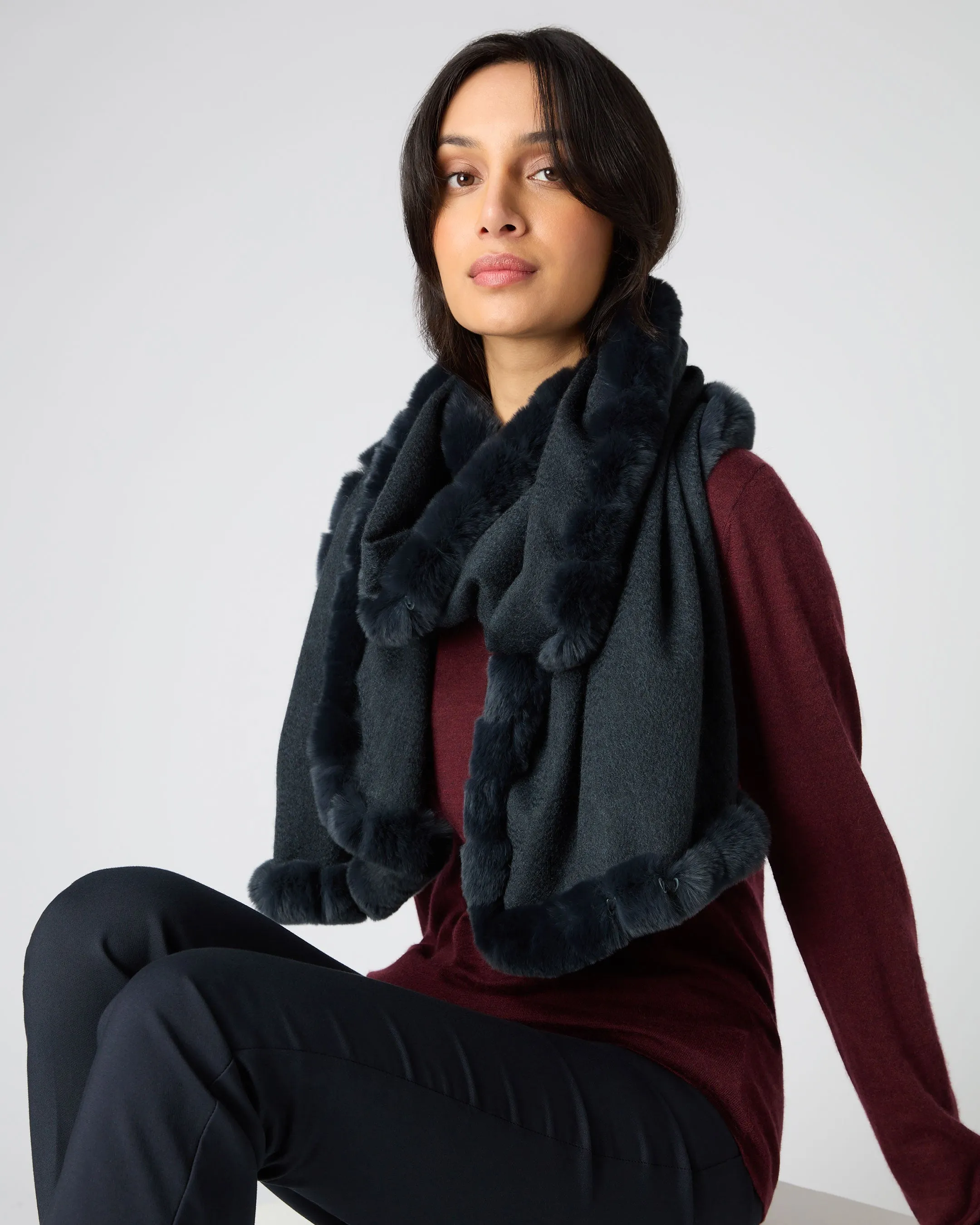 Meribel Woven Fur Trim Scarf Grigio Blue for Women