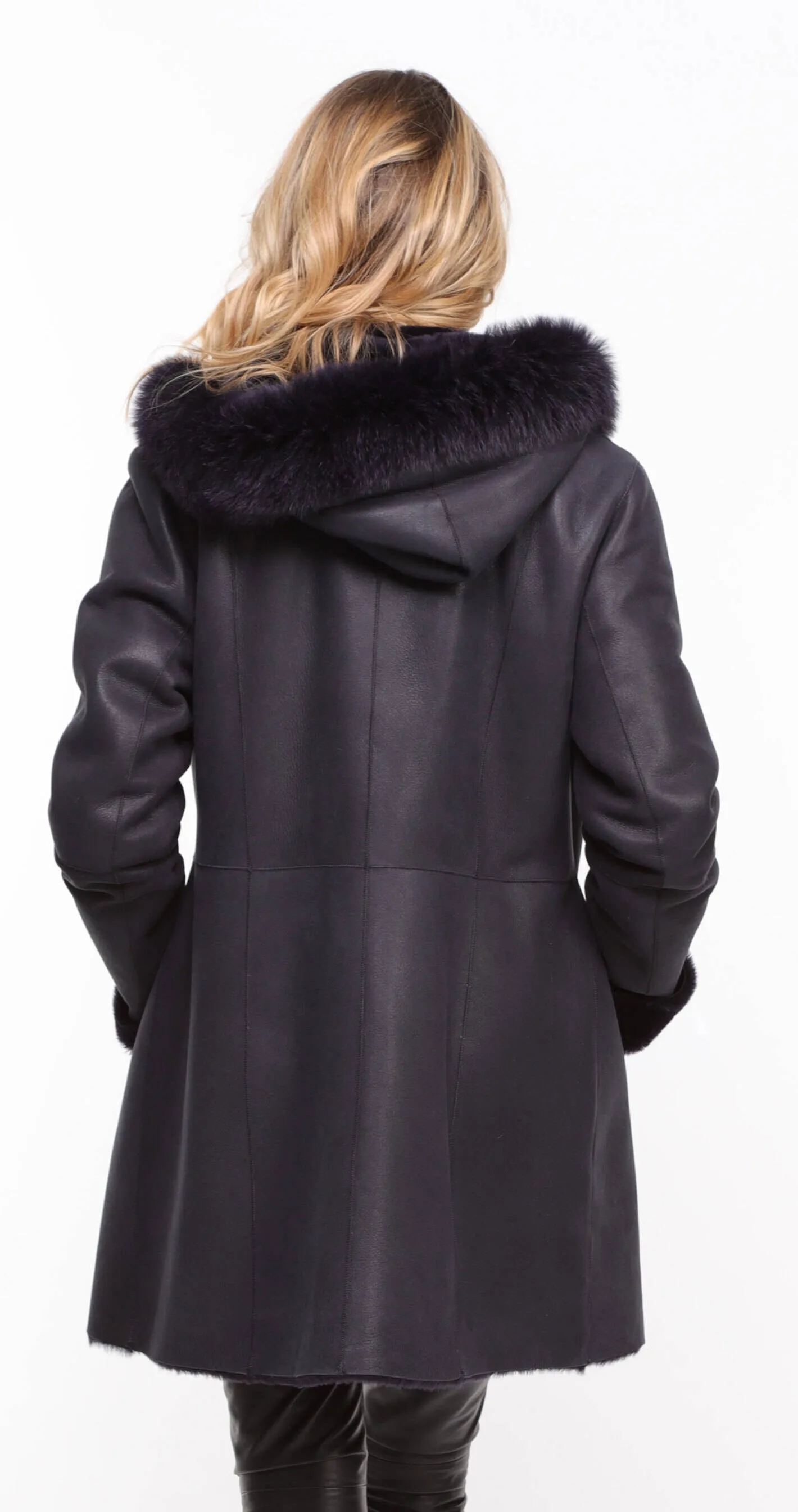 Navy Sheepskin Hooded Coat for Women