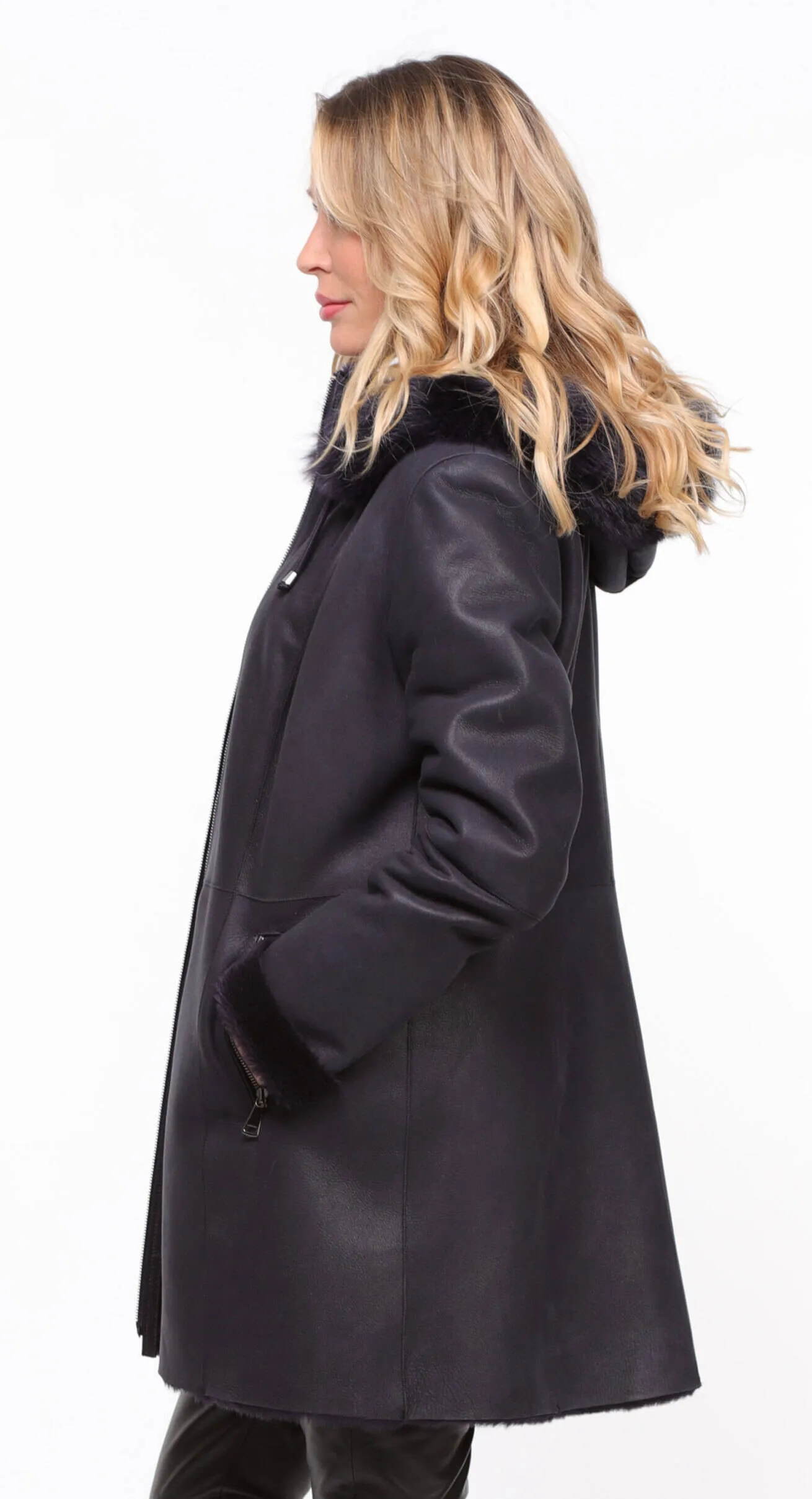 Navy Sheepskin Hooded Coat for Women