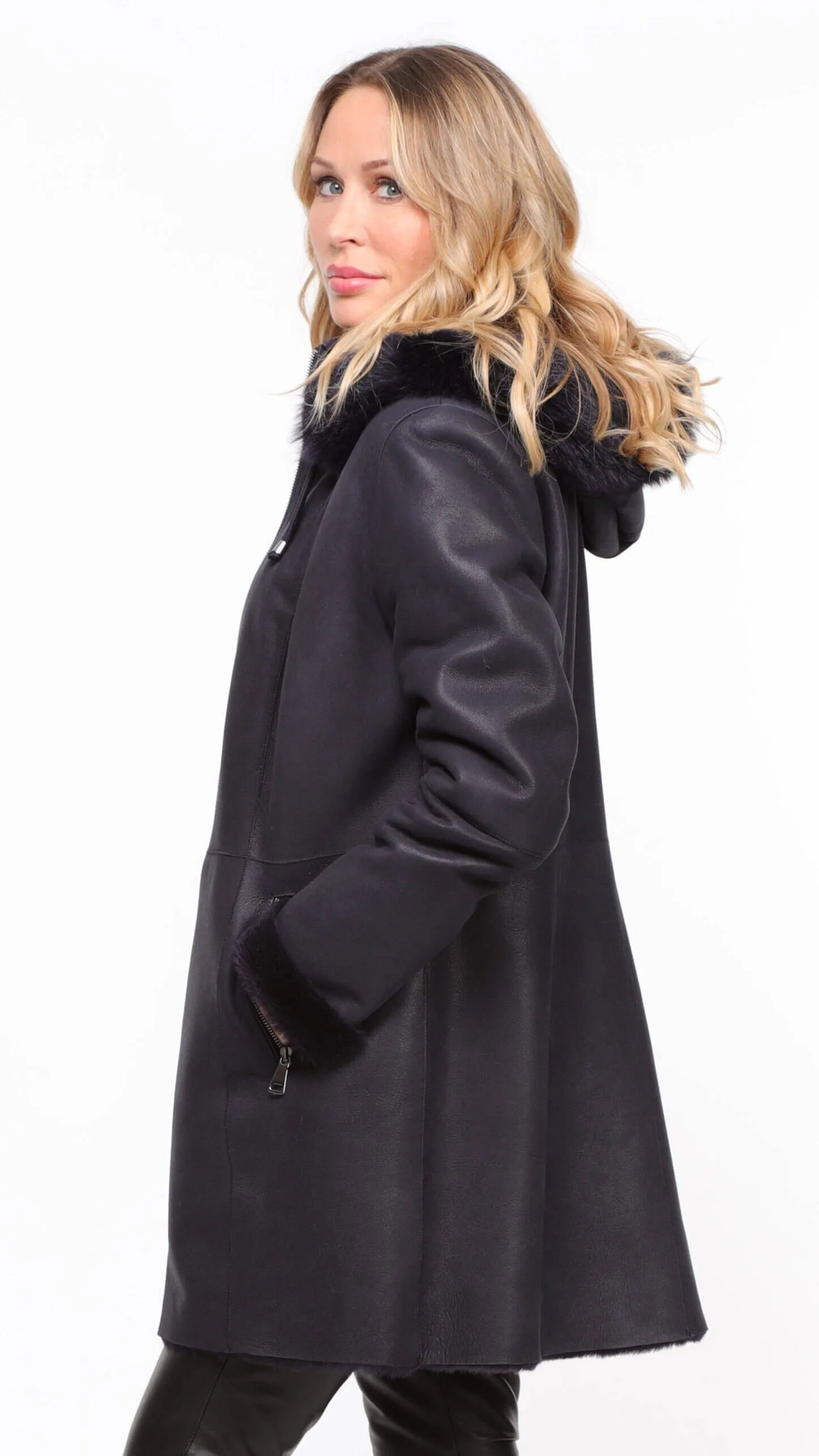 Navy Sheepskin Hooded Coat for Women