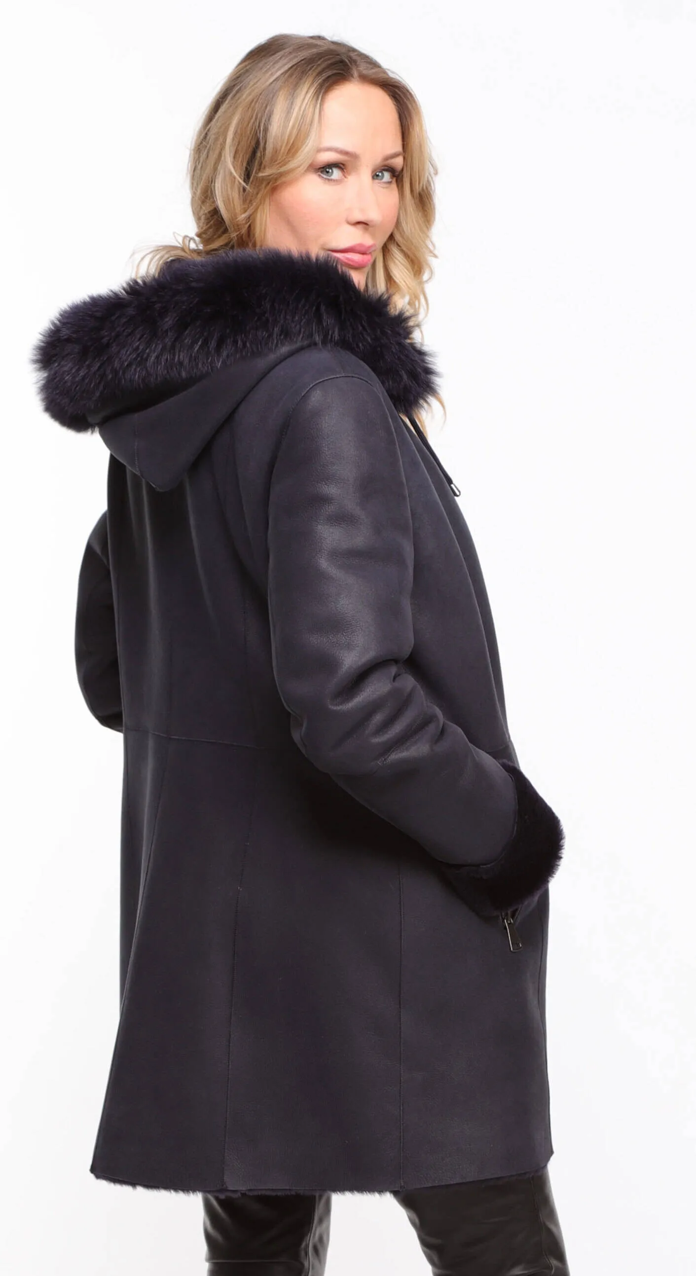 Navy Sheepskin Hooded Coat for Women