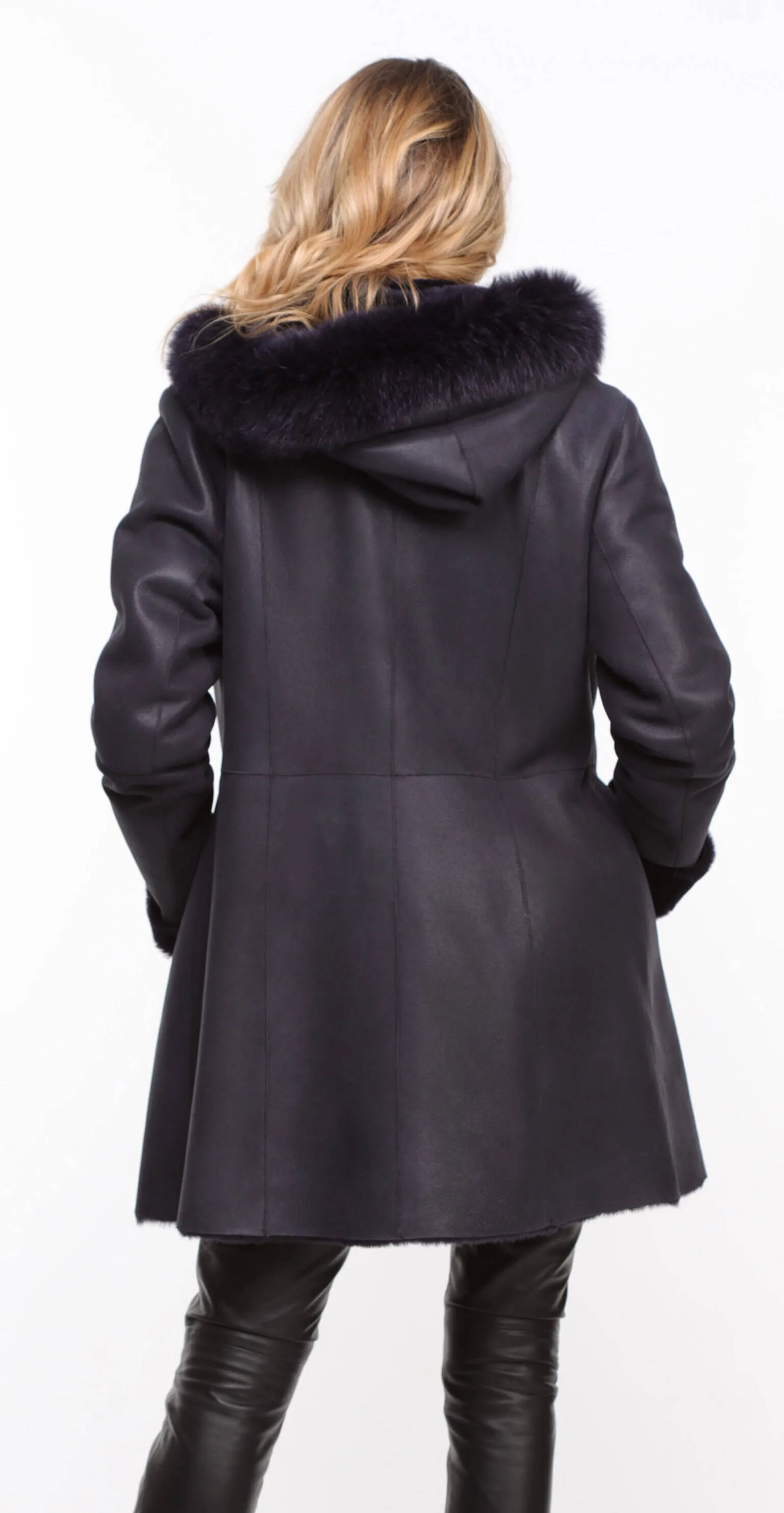 Navy Sheepskin Hooded Coat for Women