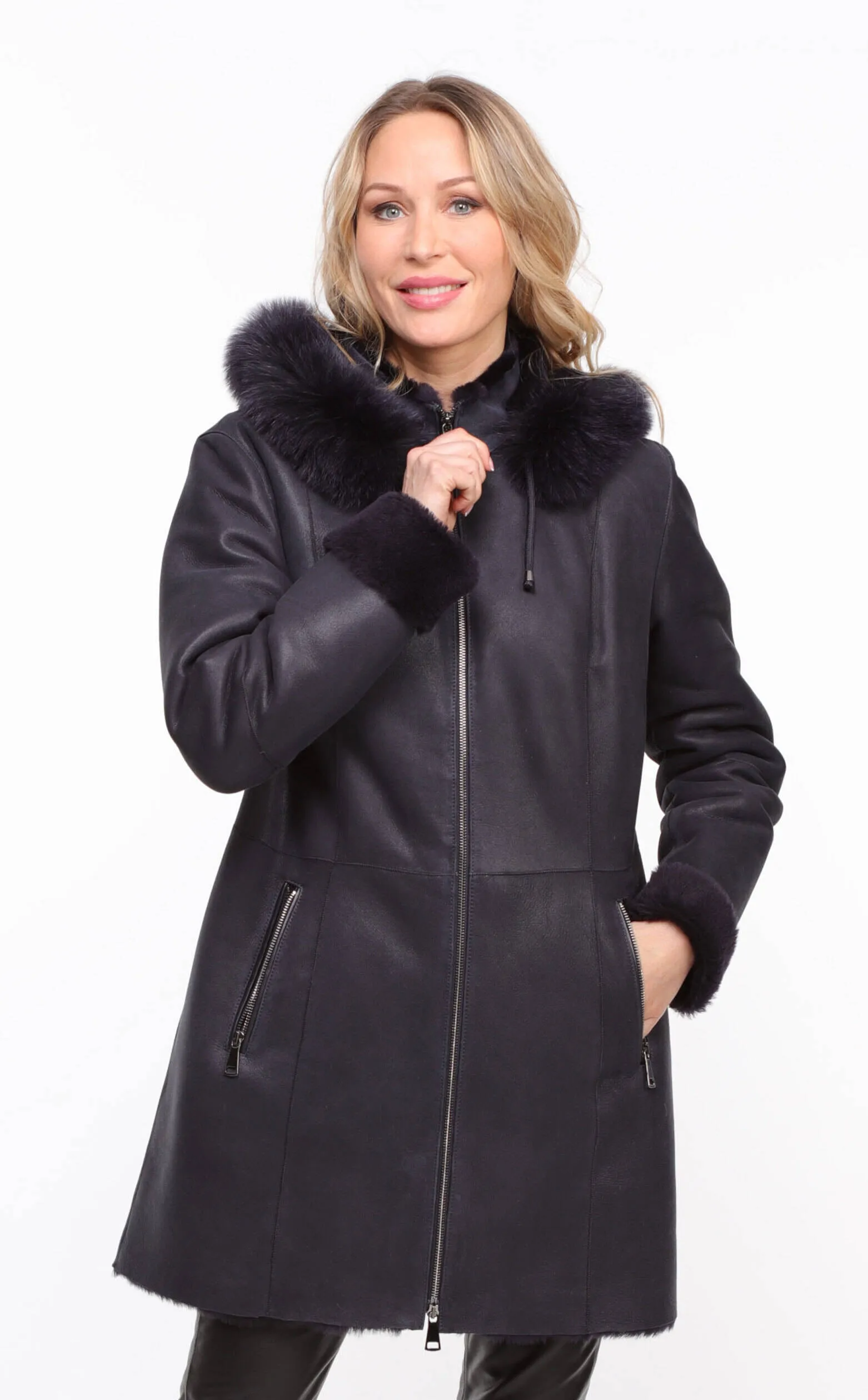 Navy Sheepskin Hooded Coat for Women