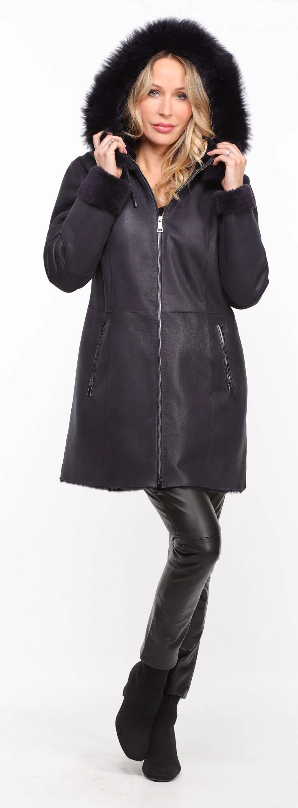 Navy Sheepskin Hooded Coat for Women