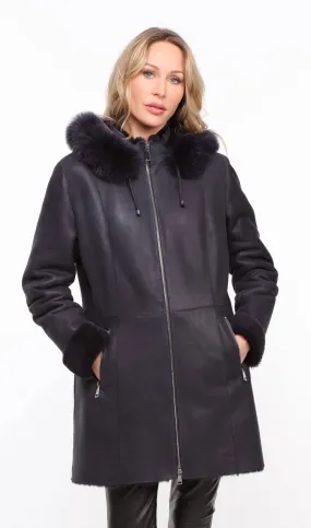 Navy Sheepskin Hooded Coat for Women