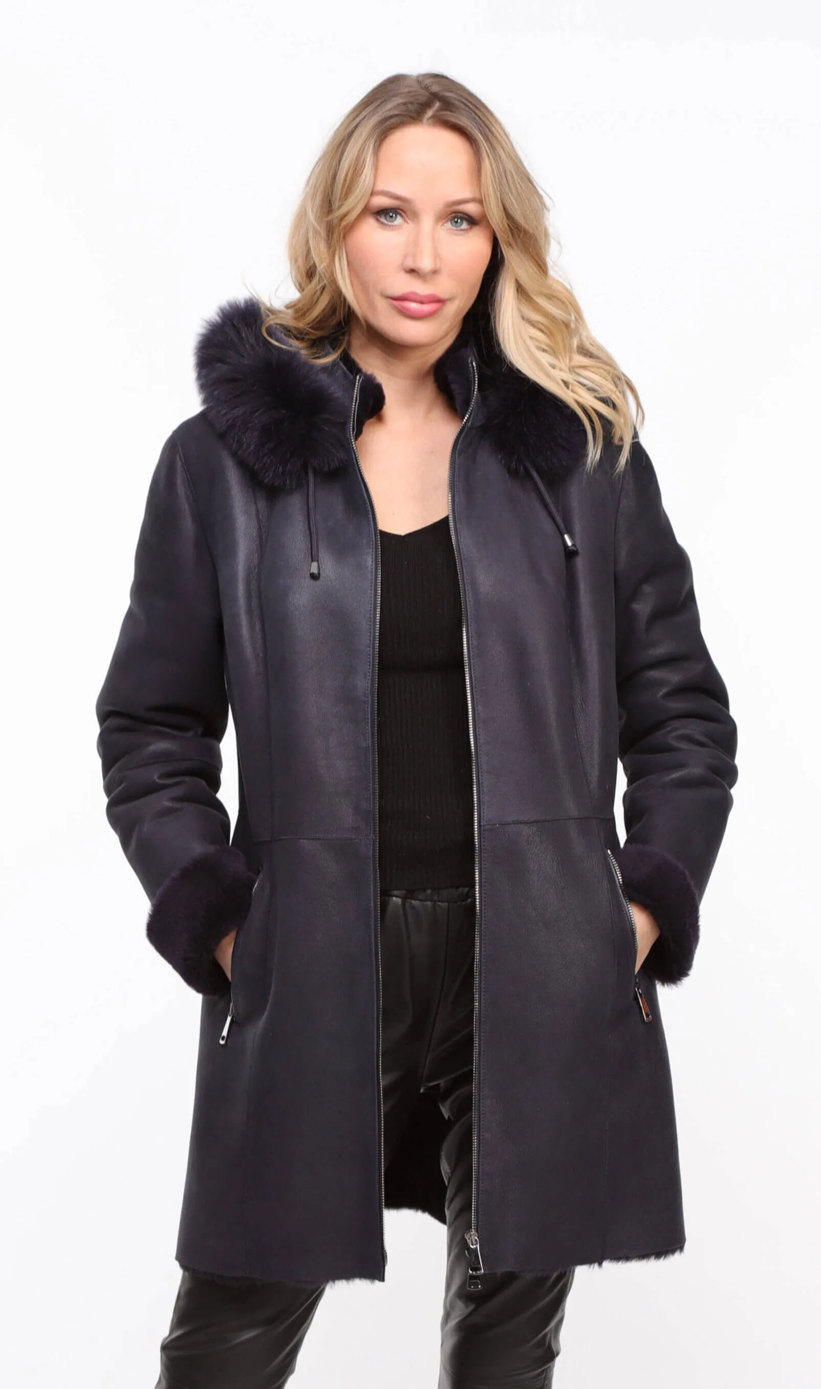 Navy Sheepskin Hooded Coat for Women