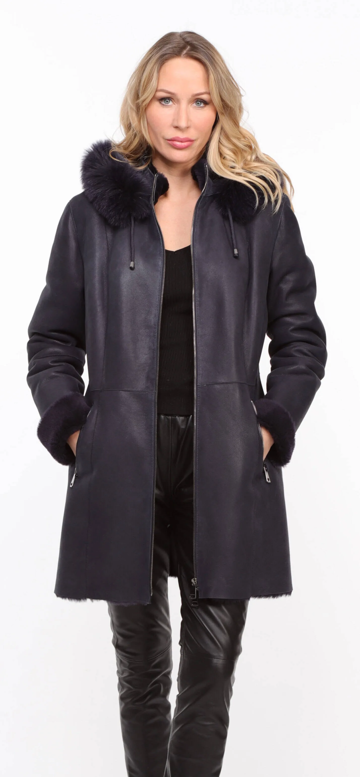 Navy Sheepskin Hooded Coat for Women