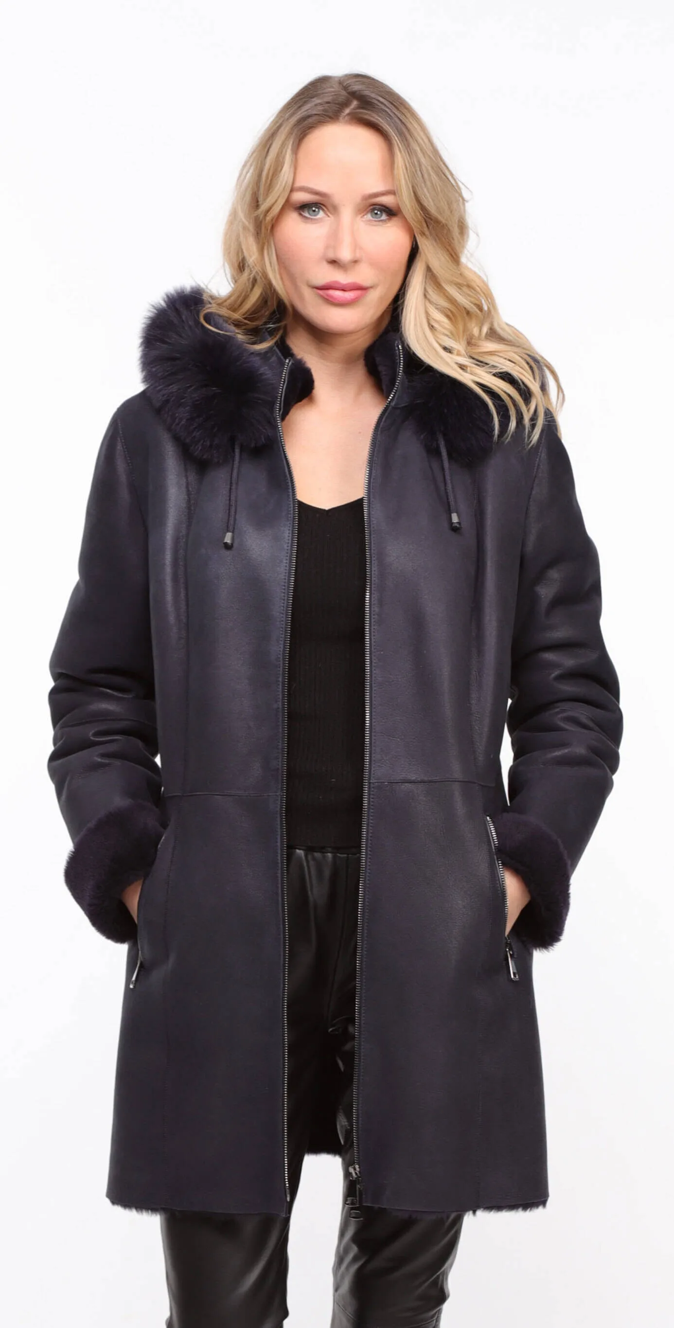 Navy Sheepskin Hooded Coat for Women