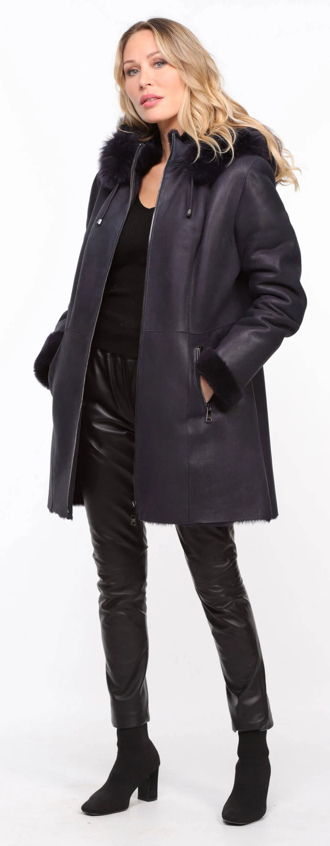 Navy Sheepskin Hooded Coat for Women