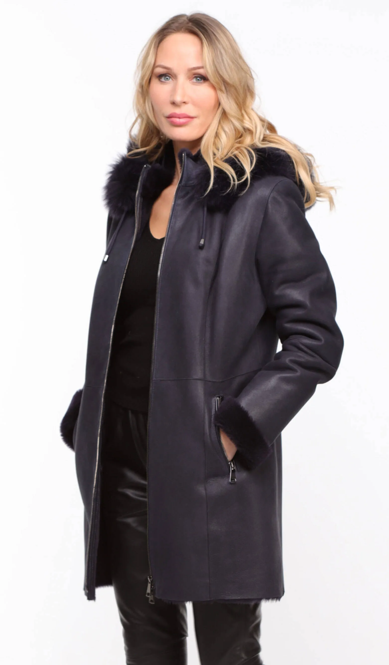 Navy Sheepskin Hooded Coat for Women