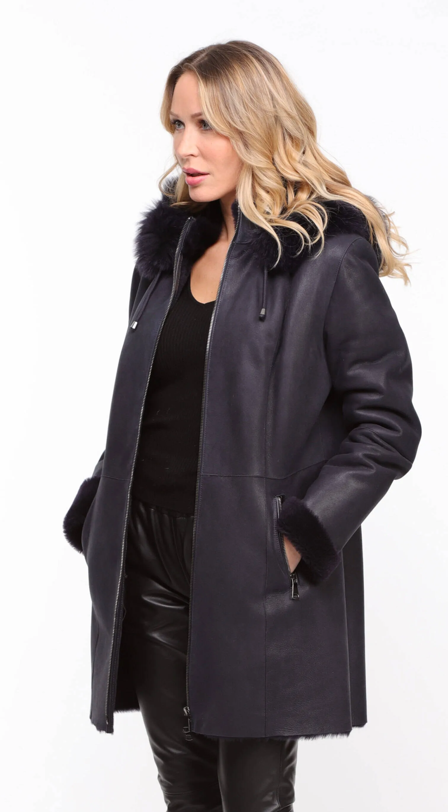 Navy Sheepskin Hooded Coat for Women