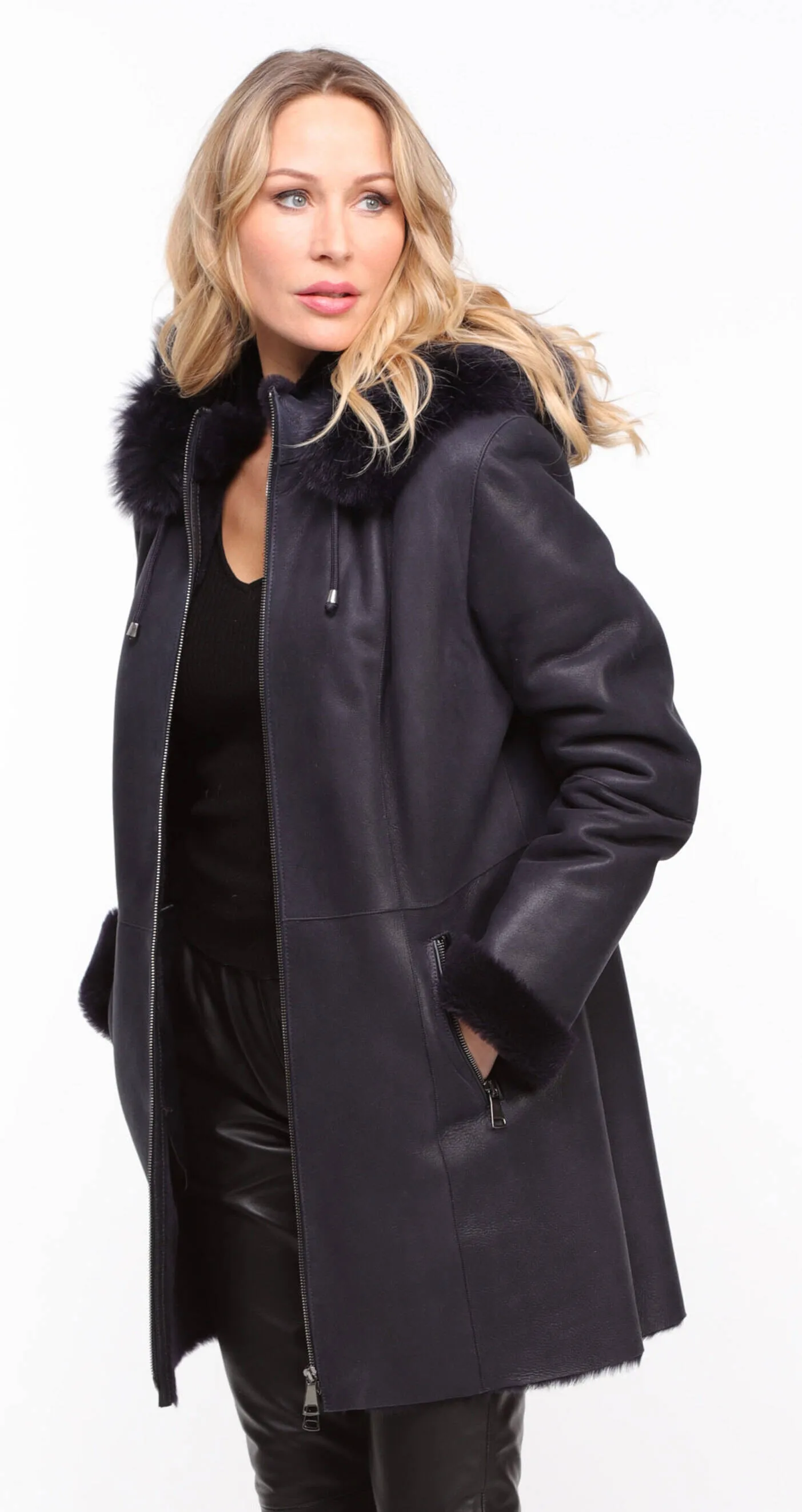 Navy Sheepskin Hooded Coat for Women