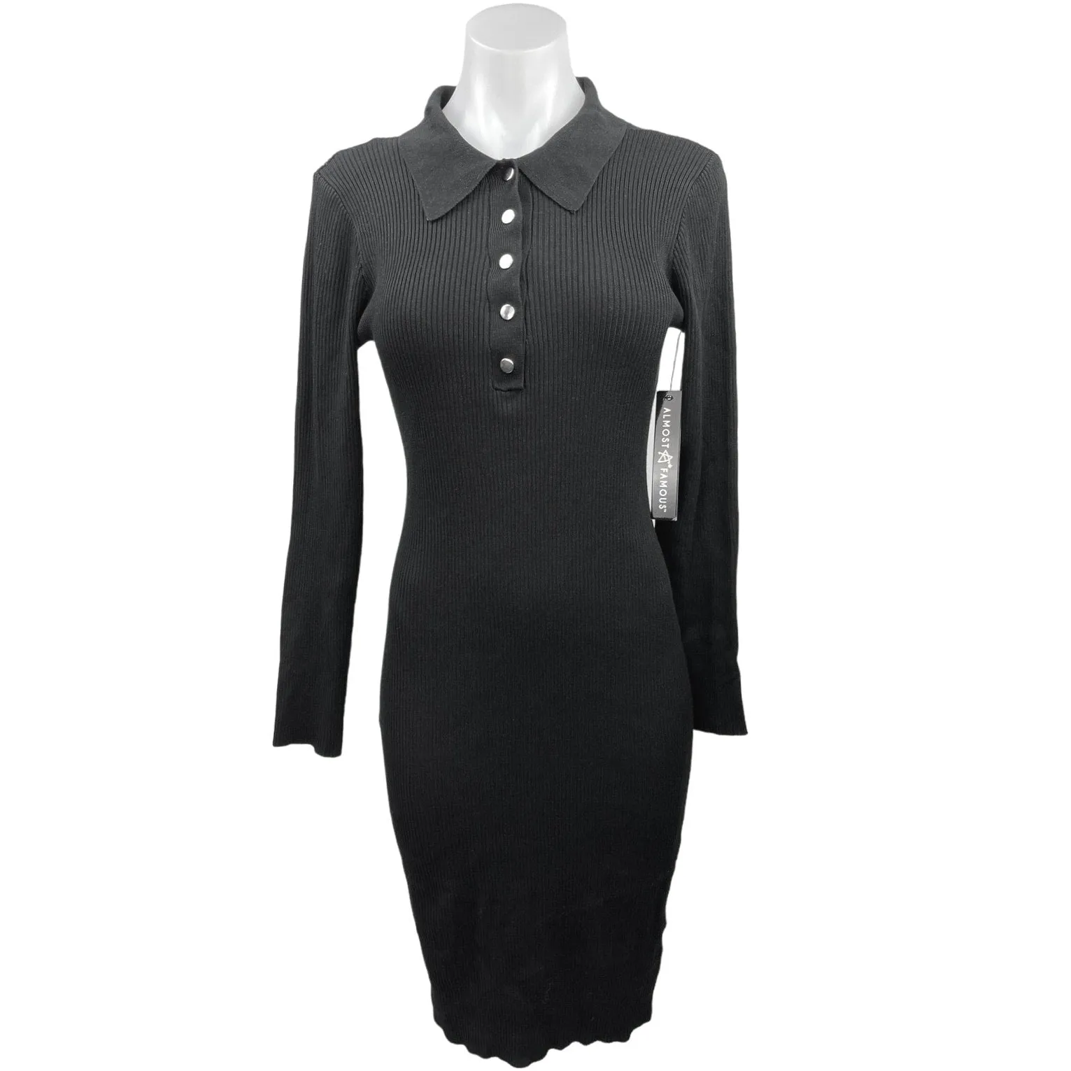 NEW Almost Famous Black Ribbed Polo Henley Open Back Sheath Midi Dress Size XL