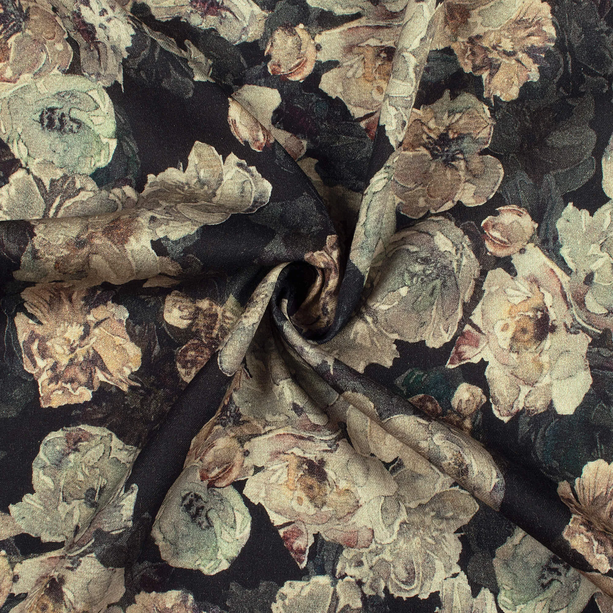 Oat Beige Black Floral Viscose Rayon Fabric - Digital Print - 58 Width