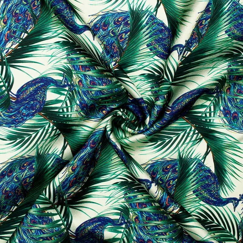 Peacock Pattern Satin Fabric - Cream and Navy Blue Digital Print - Japan