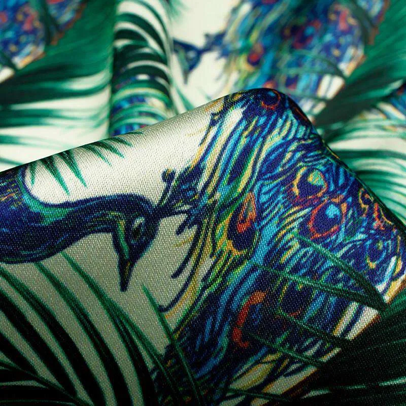 Peacock Pattern Satin Fabric - Cream and Navy Blue Digital Print - Japan