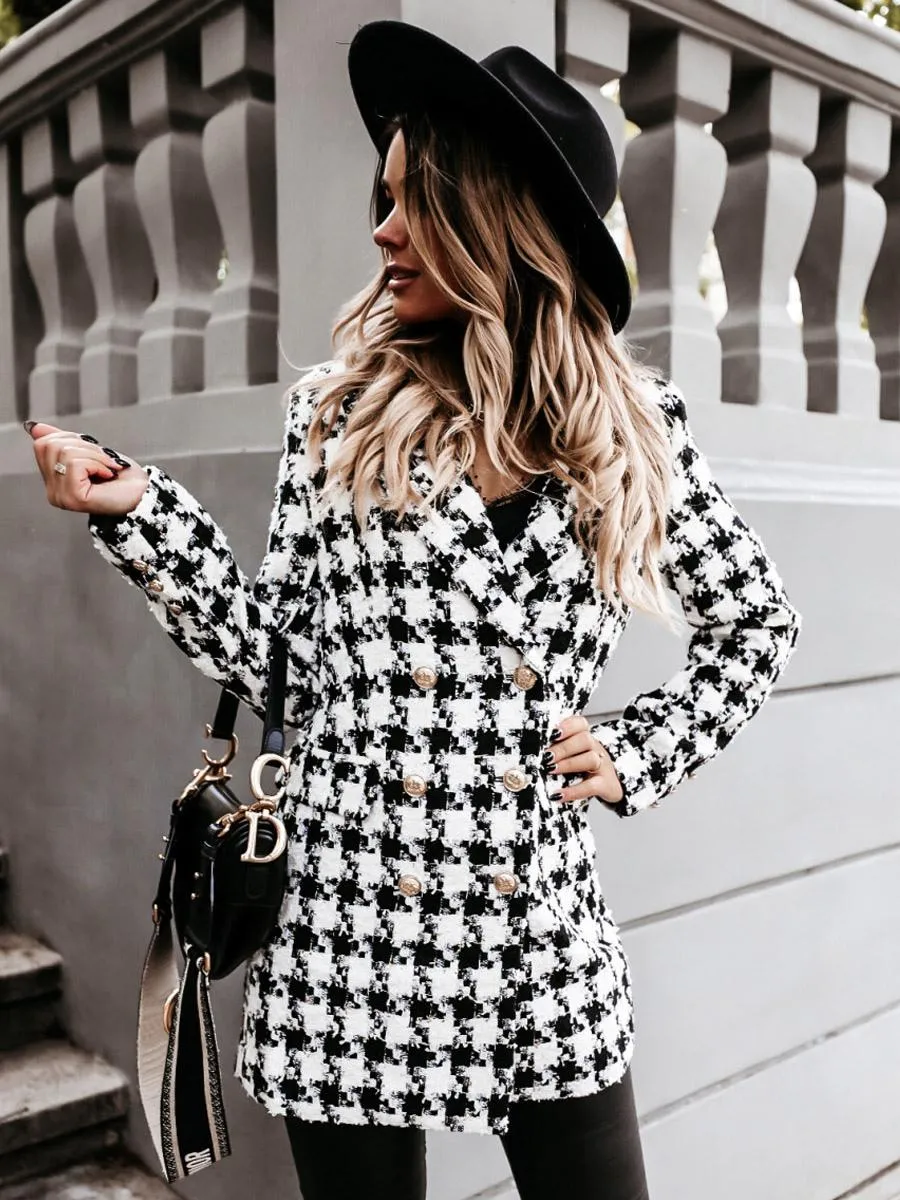 Plaid Coat Double Breasted Padded Shoulder Lapel Winter Coat