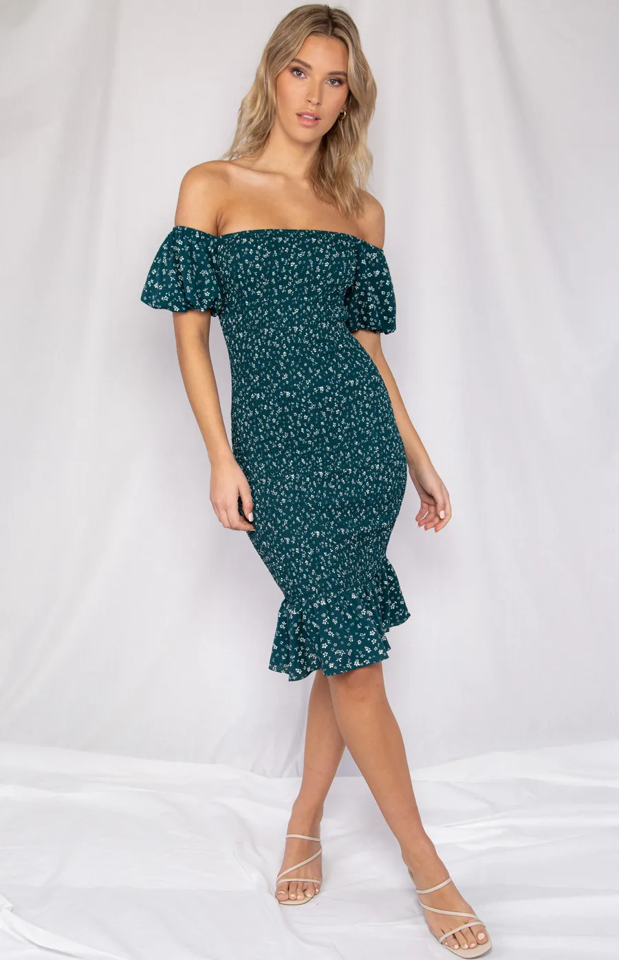 Off the Shoulder Printed Dress with Ruffle Hem and Shirred Detail (WDR211A)