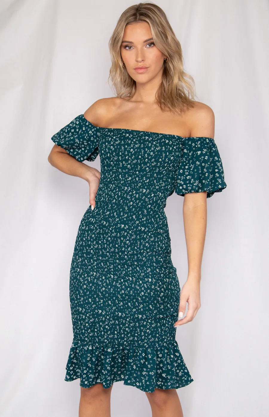 Off the Shoulder Printed Dress with Ruffle Hem and Shirred Detail (WDR211A)