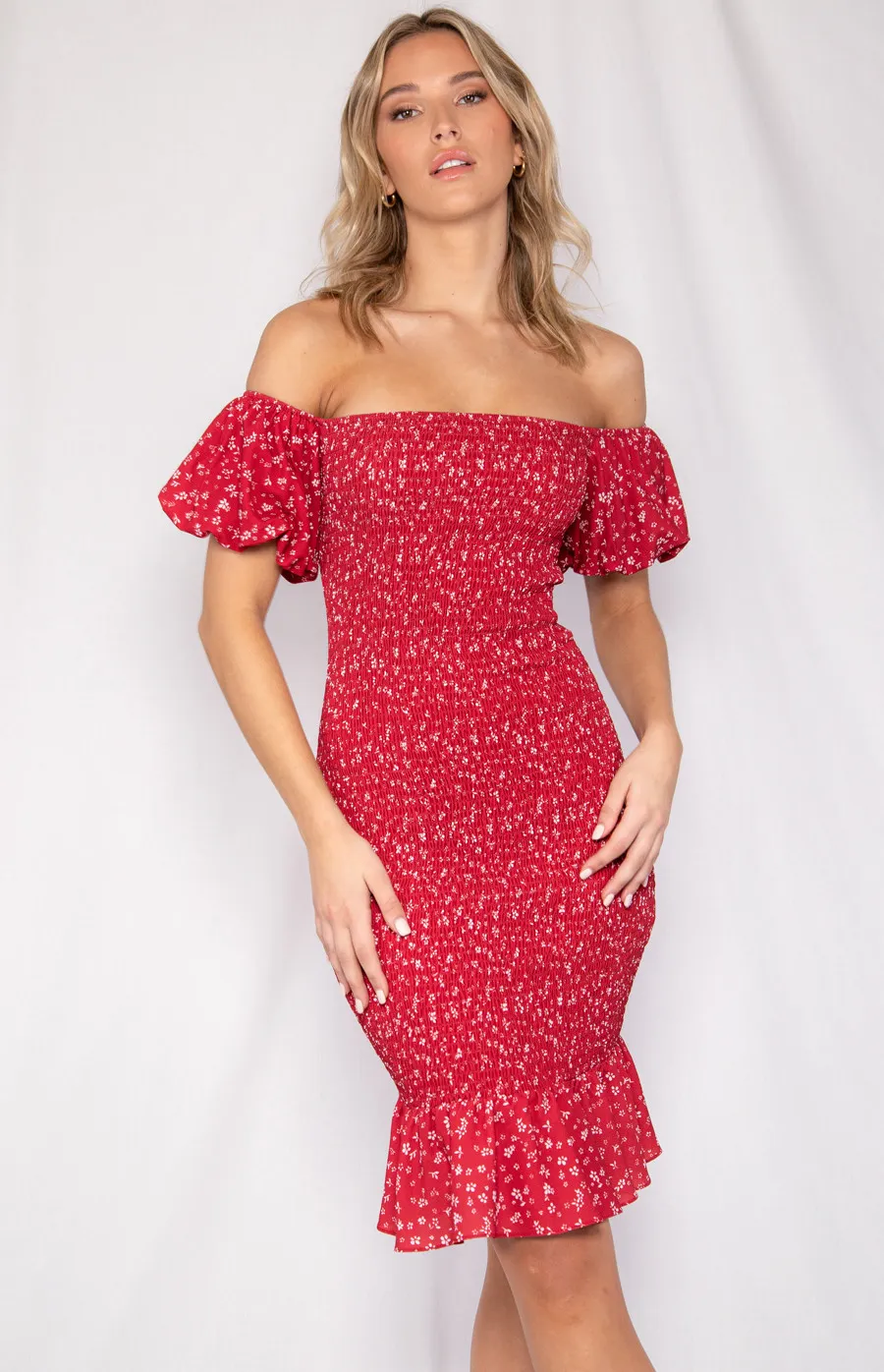 Off the Shoulder Printed Dress with Ruffle Hem and Shirred Detail (WDR211A)