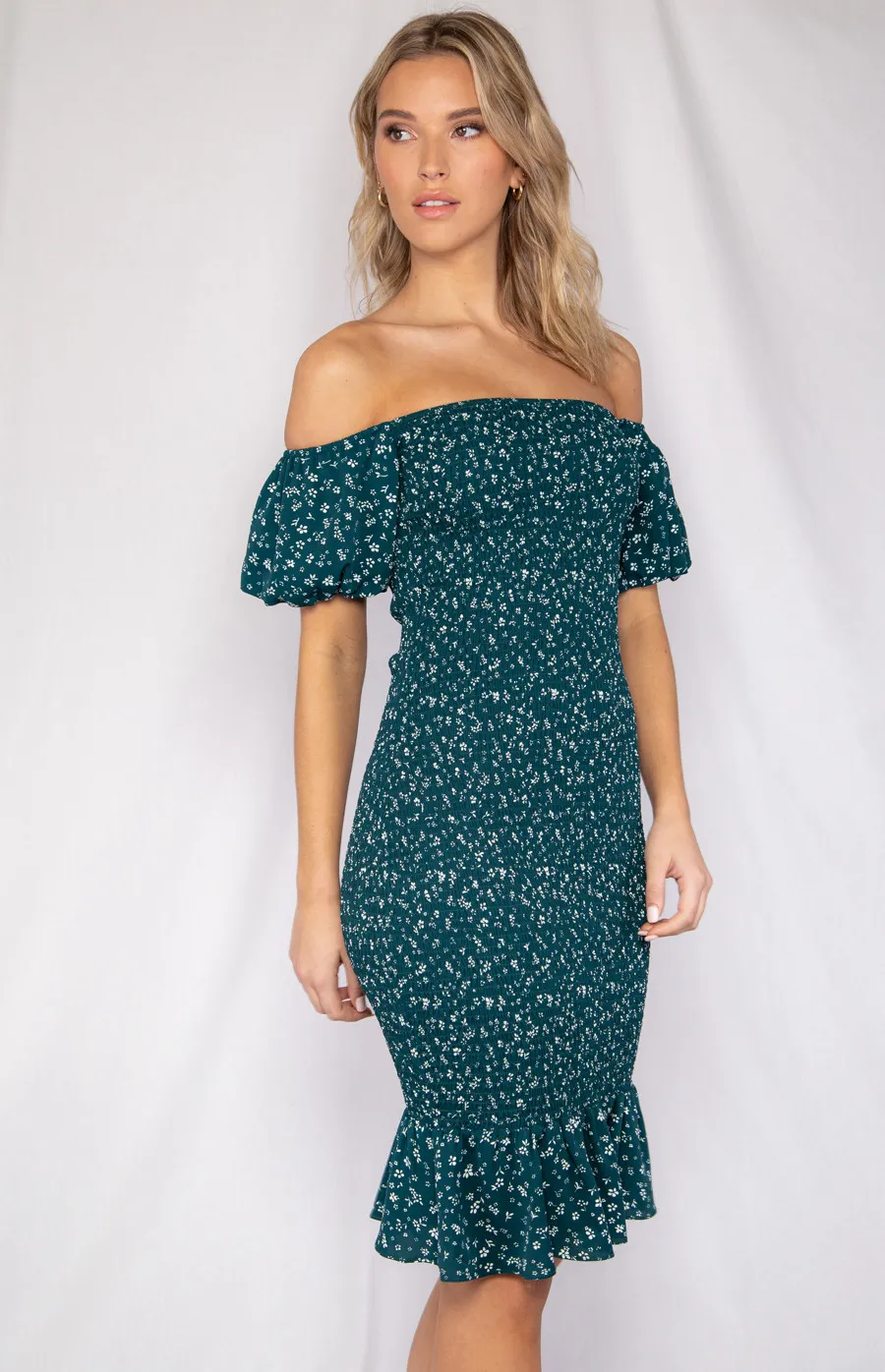 Off the Shoulder Printed Dress with Ruffle Hem and Shirred Detail (WDR211A)