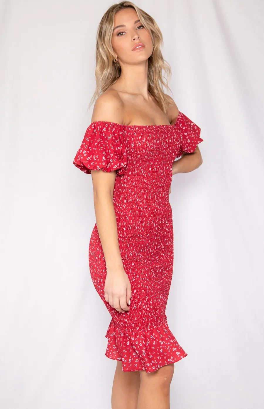 Off the Shoulder Printed Dress with Ruffle Hem and Shirred Detail (WDR211A)