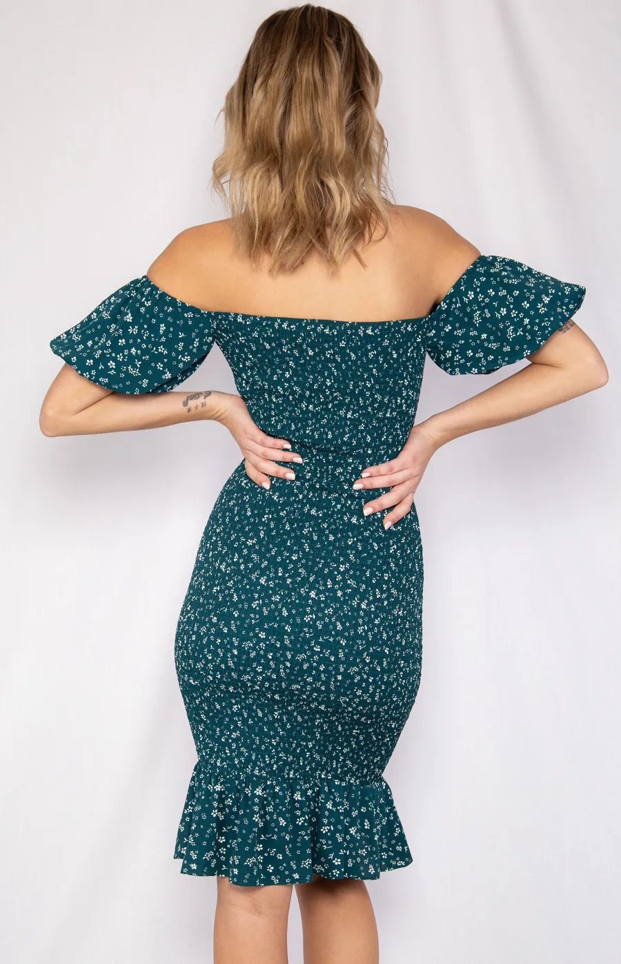 Off the Shoulder Printed Dress with Ruffle Hem and Shirred Detail (WDR211A)