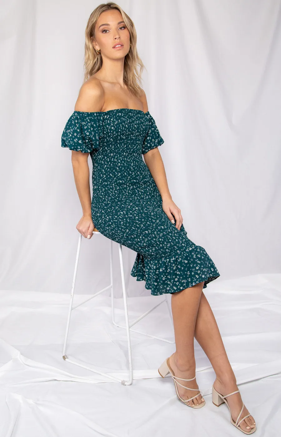 Off the Shoulder Printed Dress with Ruffle Hem and Shirred Detail (WDR211A)