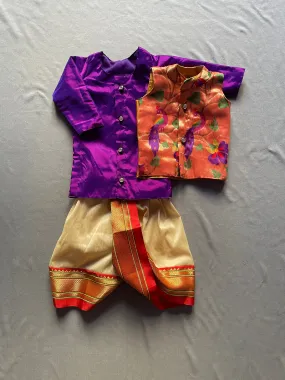 Purple Premium Paithani Dhoti Kurta Set with Red Border Jacket for Boys