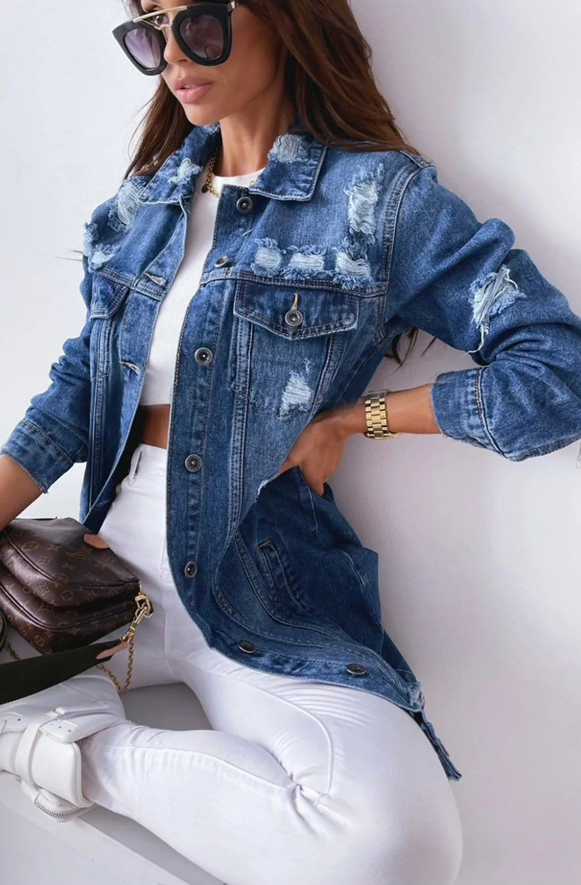 Ripped Denim Jacket Longline by Gia