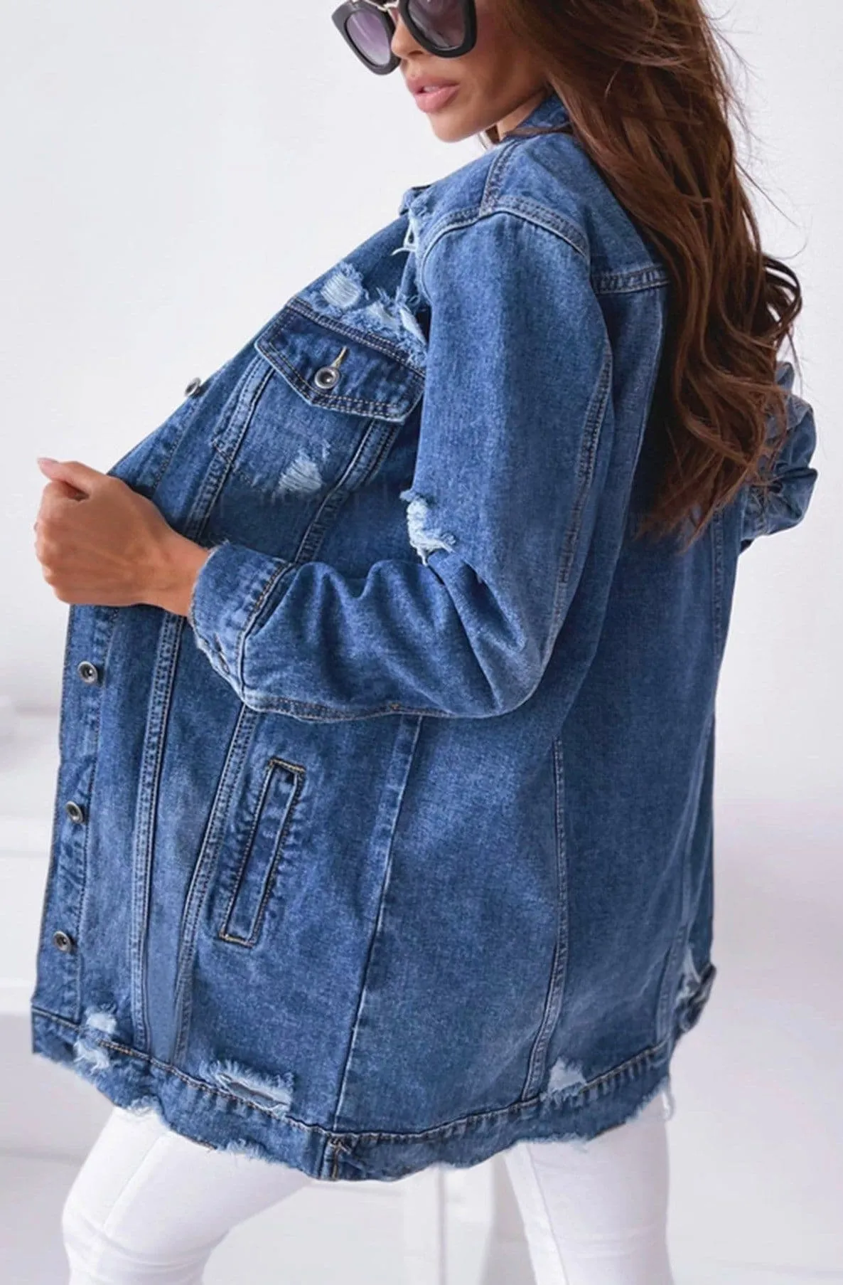 Ripped Denim Jacket Longline by Gia