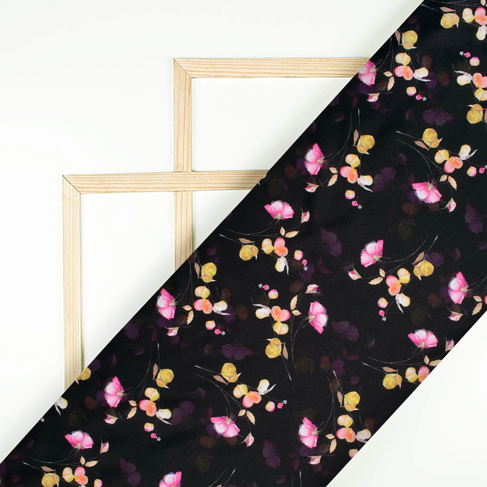 Rose Pink and Black Floral Pattern Digital Print Micro Crepe Fabric