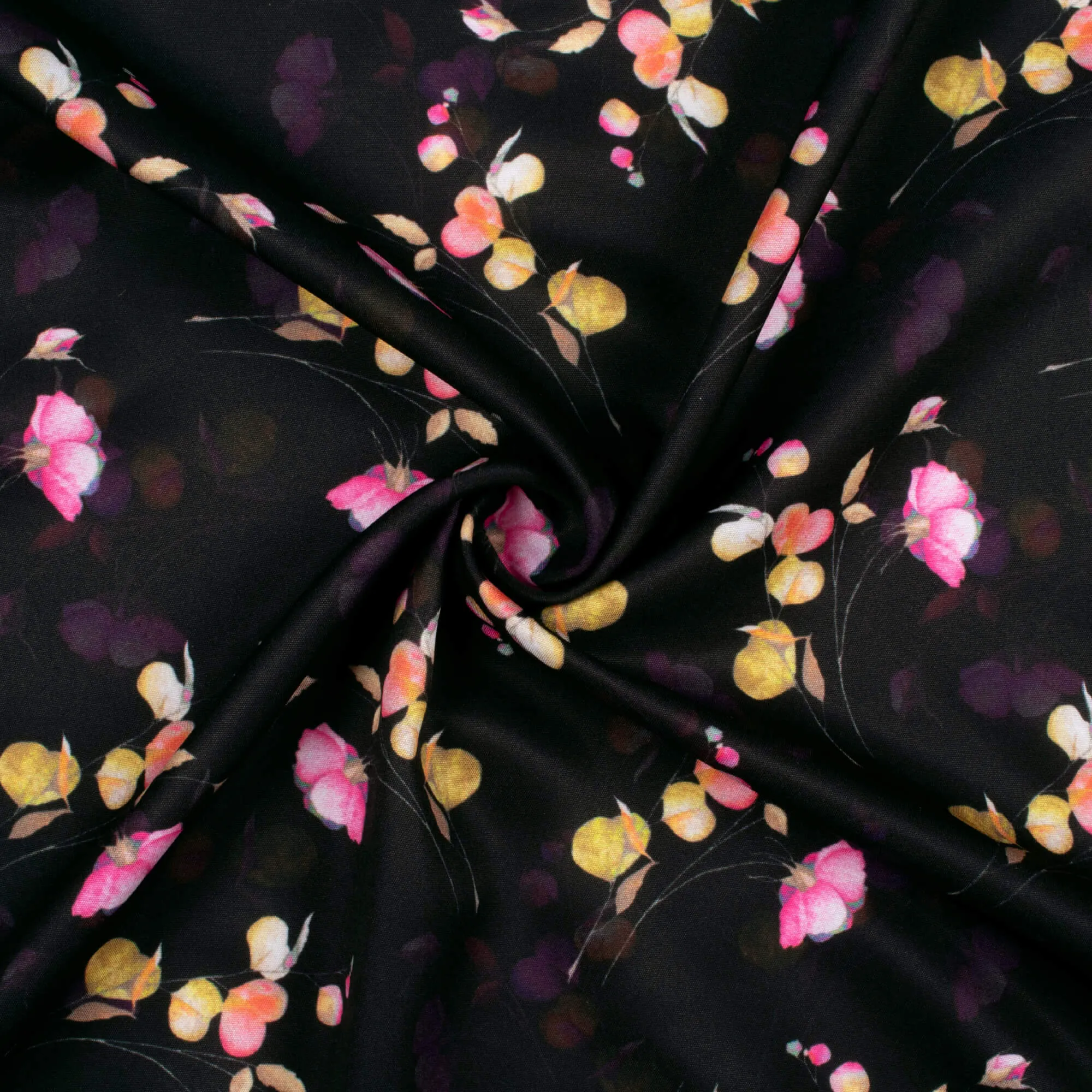 Rose Pink and Black Floral Pattern Digital Print Micro Crepe Fabric