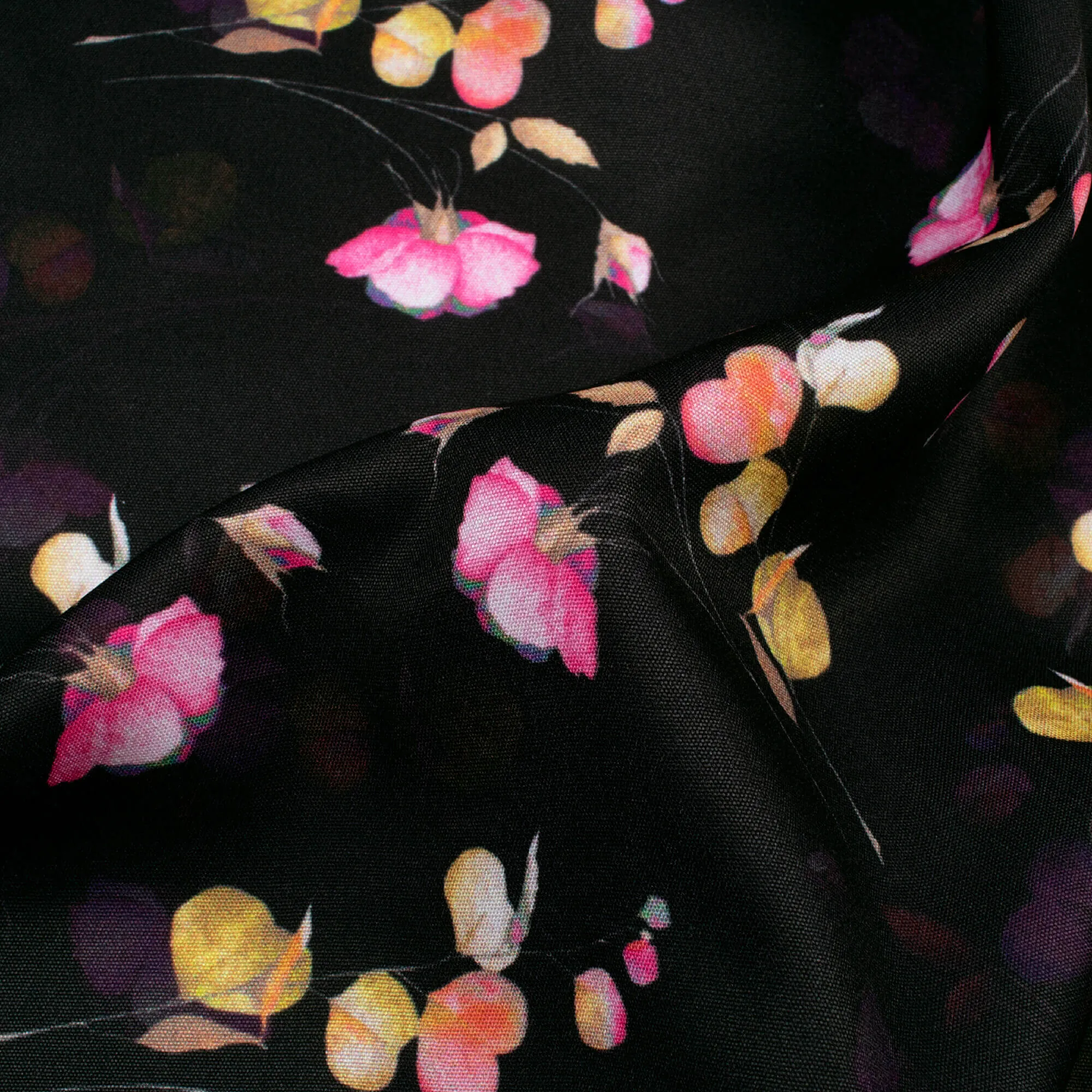 Rose Pink and Black Floral Pattern Digital Print Micro Crepe Fabric