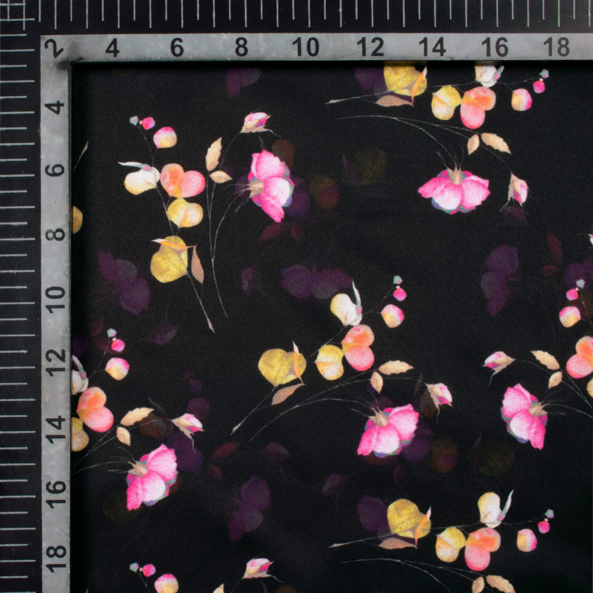 Rose Pink and Black Floral Pattern Digital Print Micro Crepe Fabric