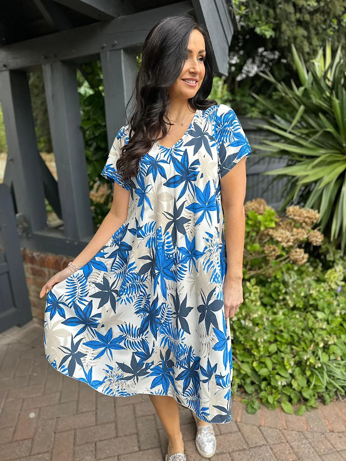 Royal Blue Leaf Print V Neck Dress Kim