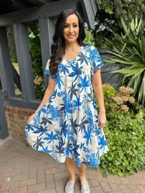 Royal Blue Leaf Print V Neck Dress Kim