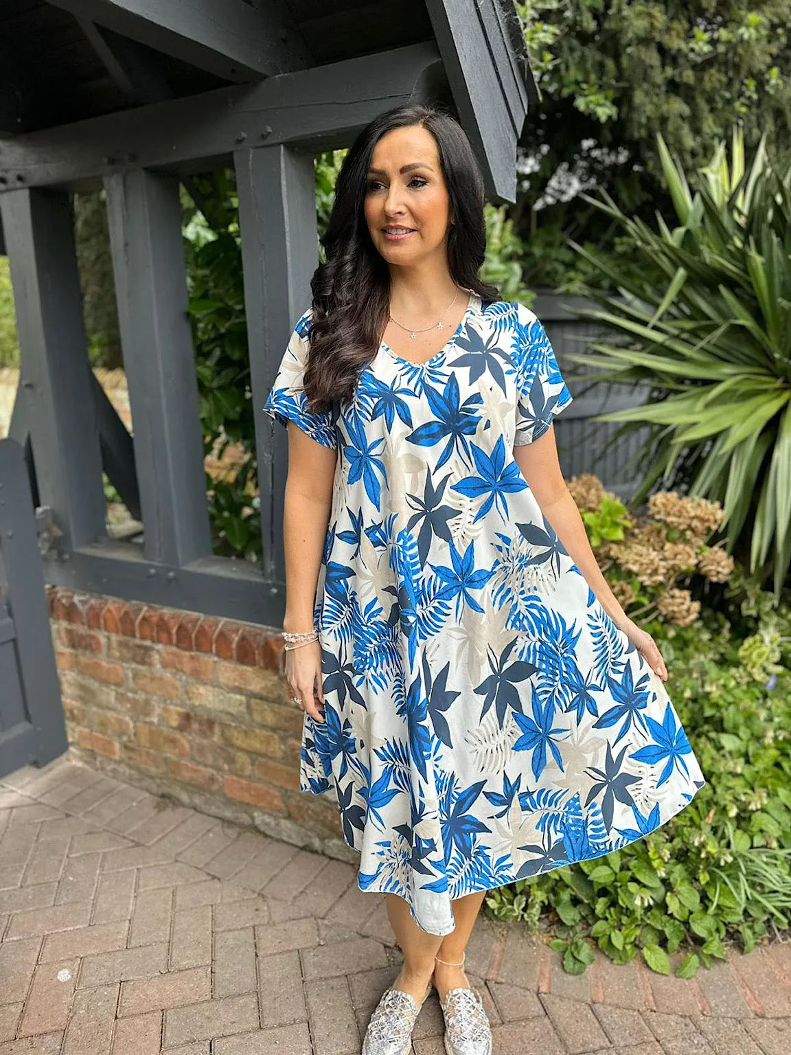 Royal Blue Leaf Print V Neck Dress Kim