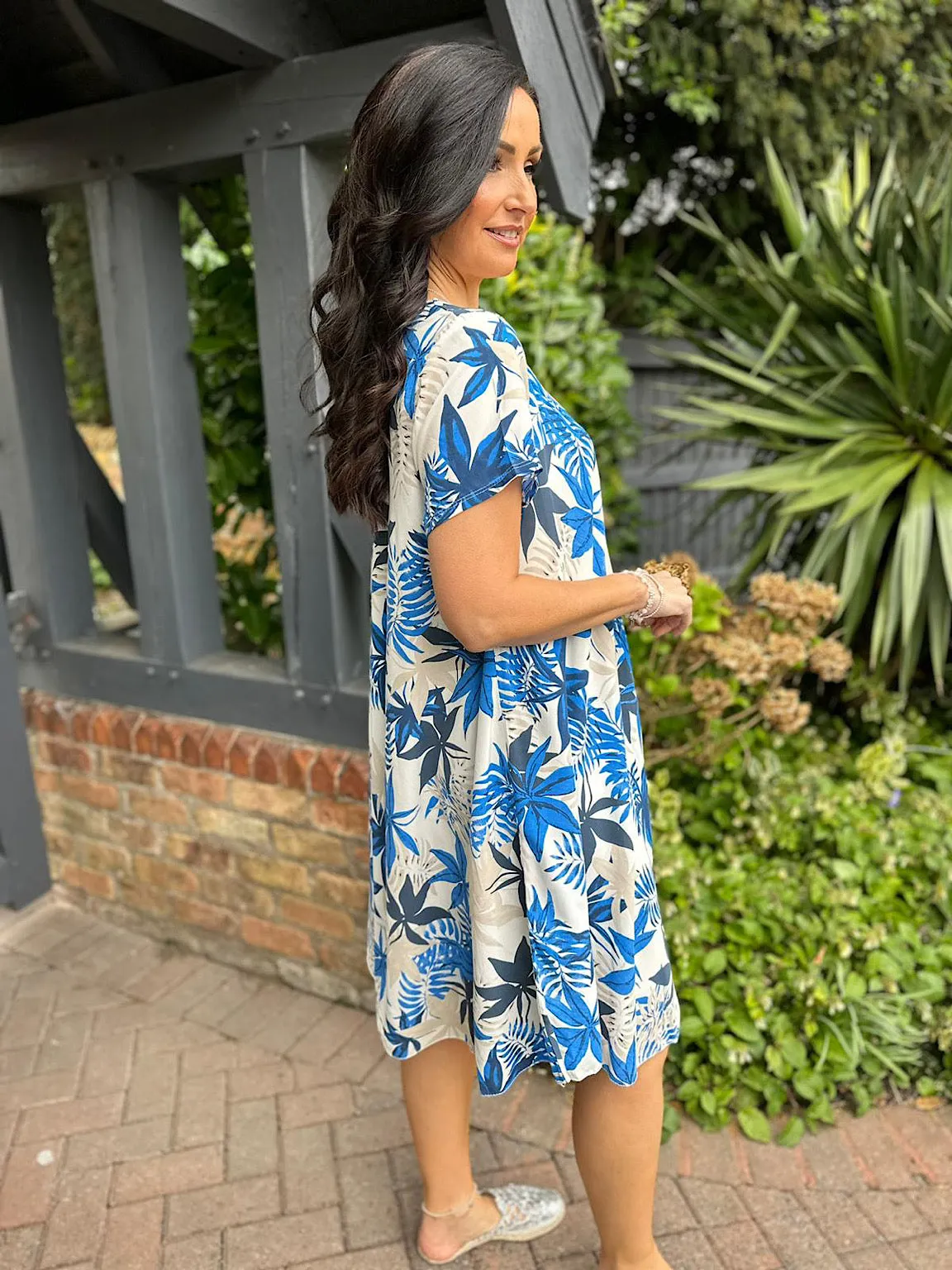 Royal Blue Leaf Print V Neck Dress Kim