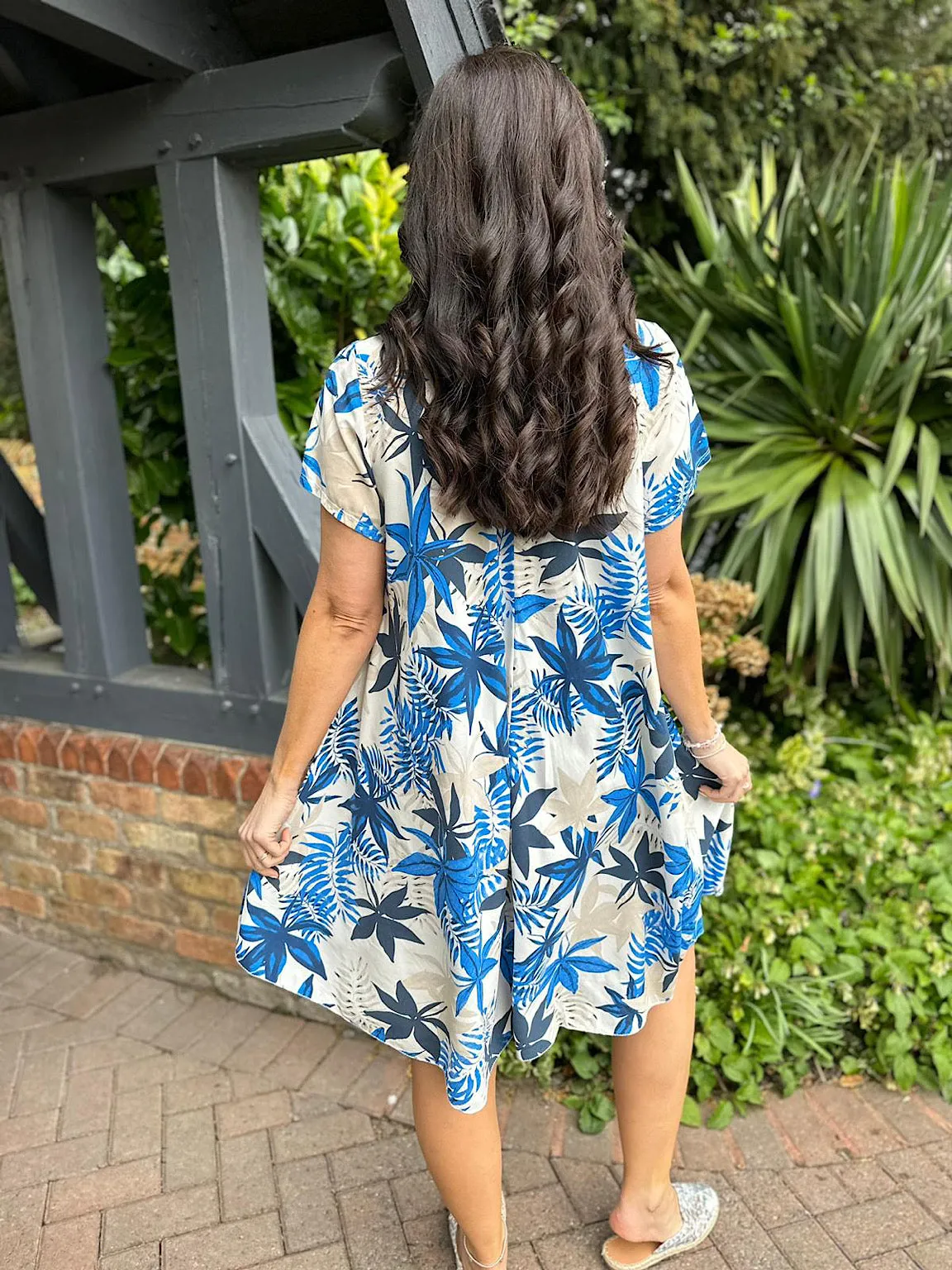 Royal Blue Leaf Print V Neck Dress Kim