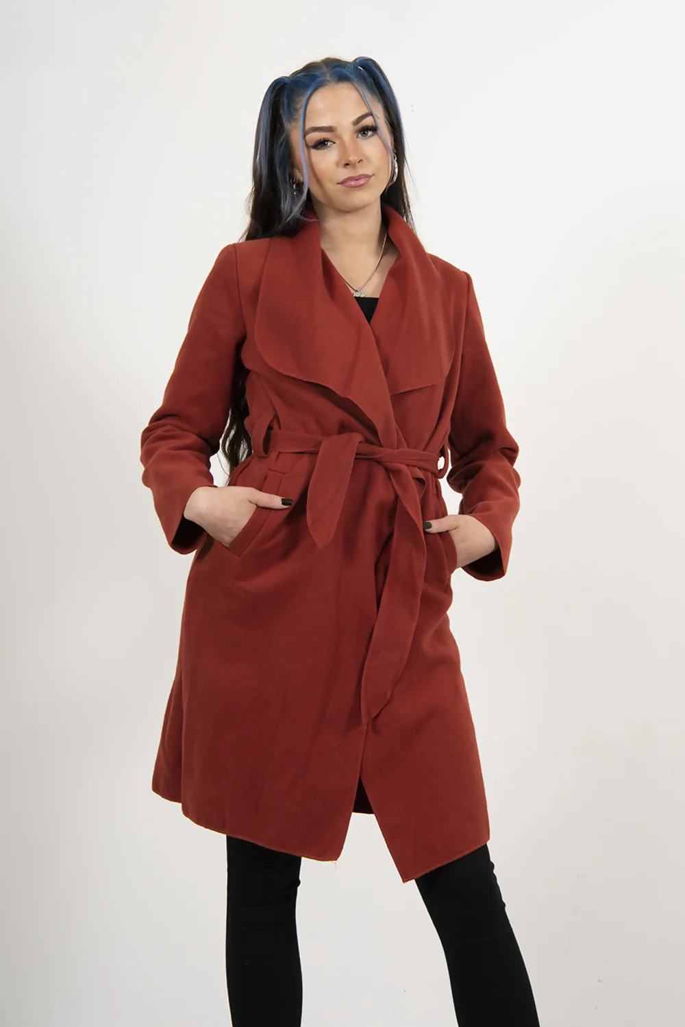 Rust Shawl Collar Coat with Tie Front