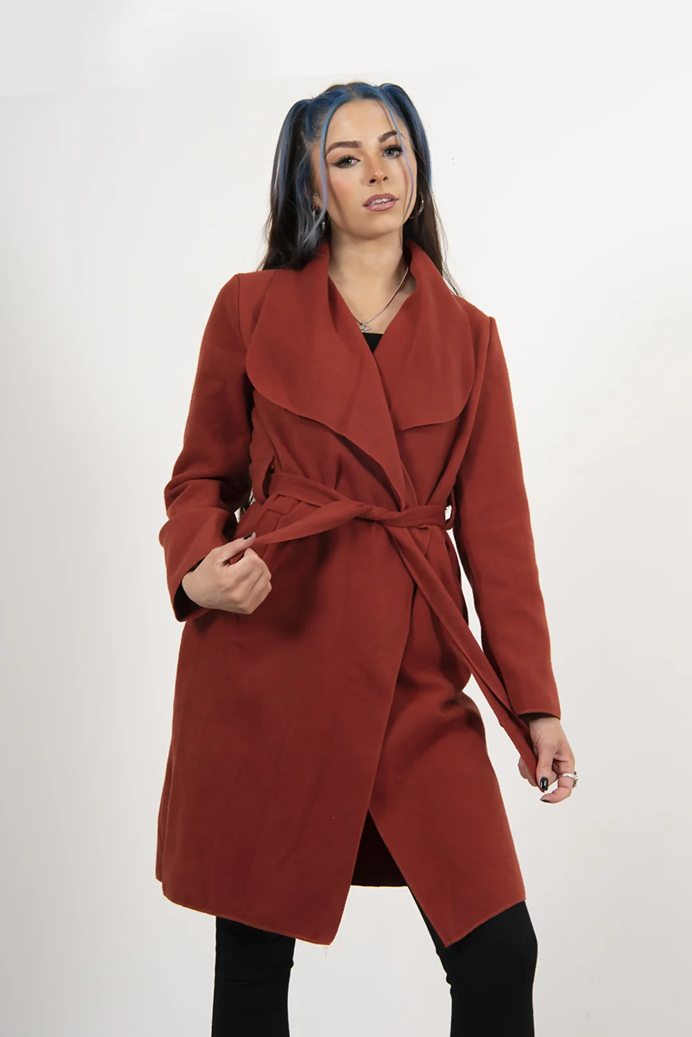 Rust Shawl Collar Coat with Tie Front